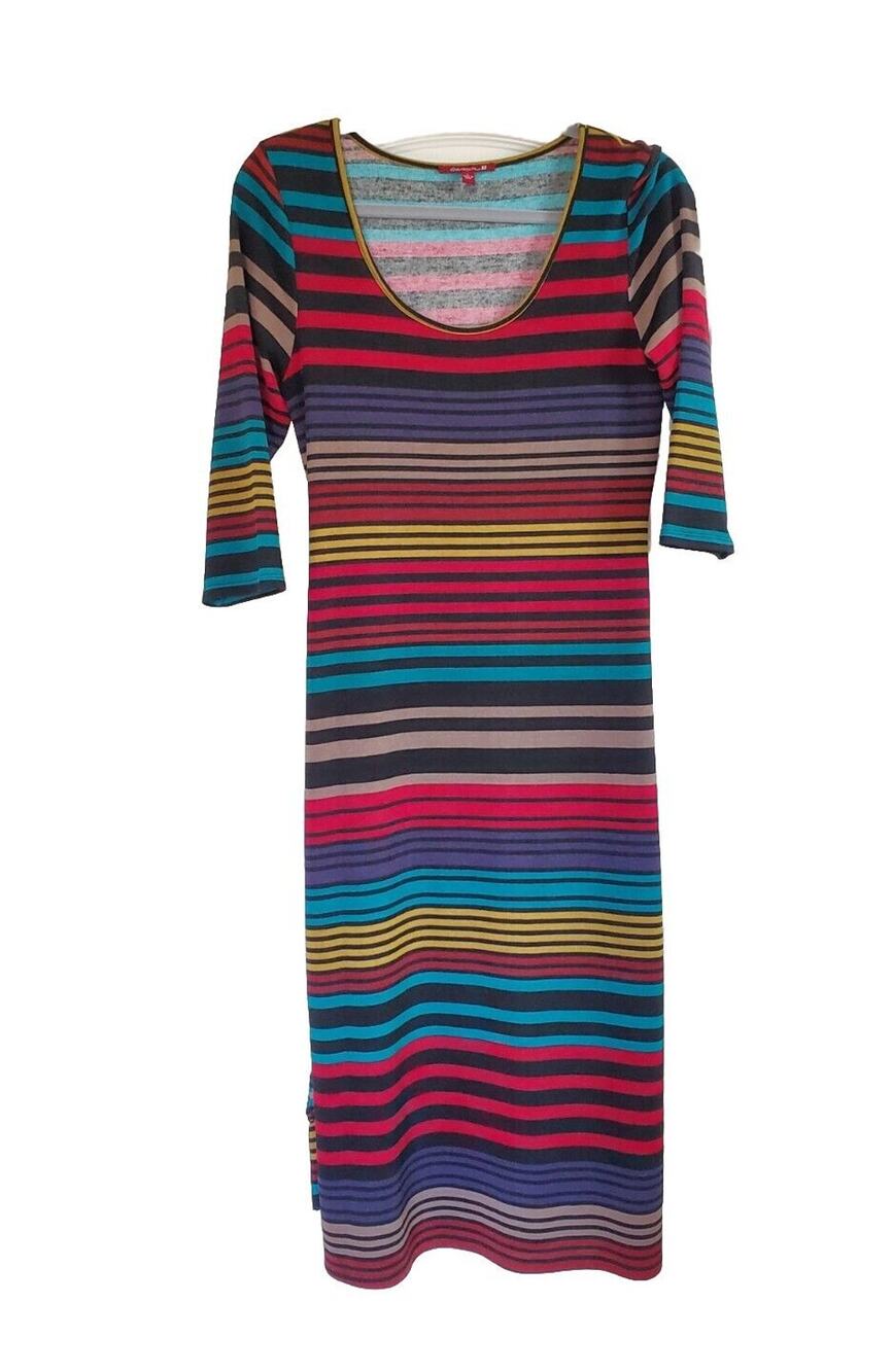 Vintage 80s Colorful Striped Bodycon Belted Midi Dress by Silvergate, Size Large